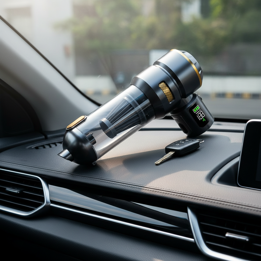 VacVaproom cordless car vacuum lifestyle shot on car dashboard