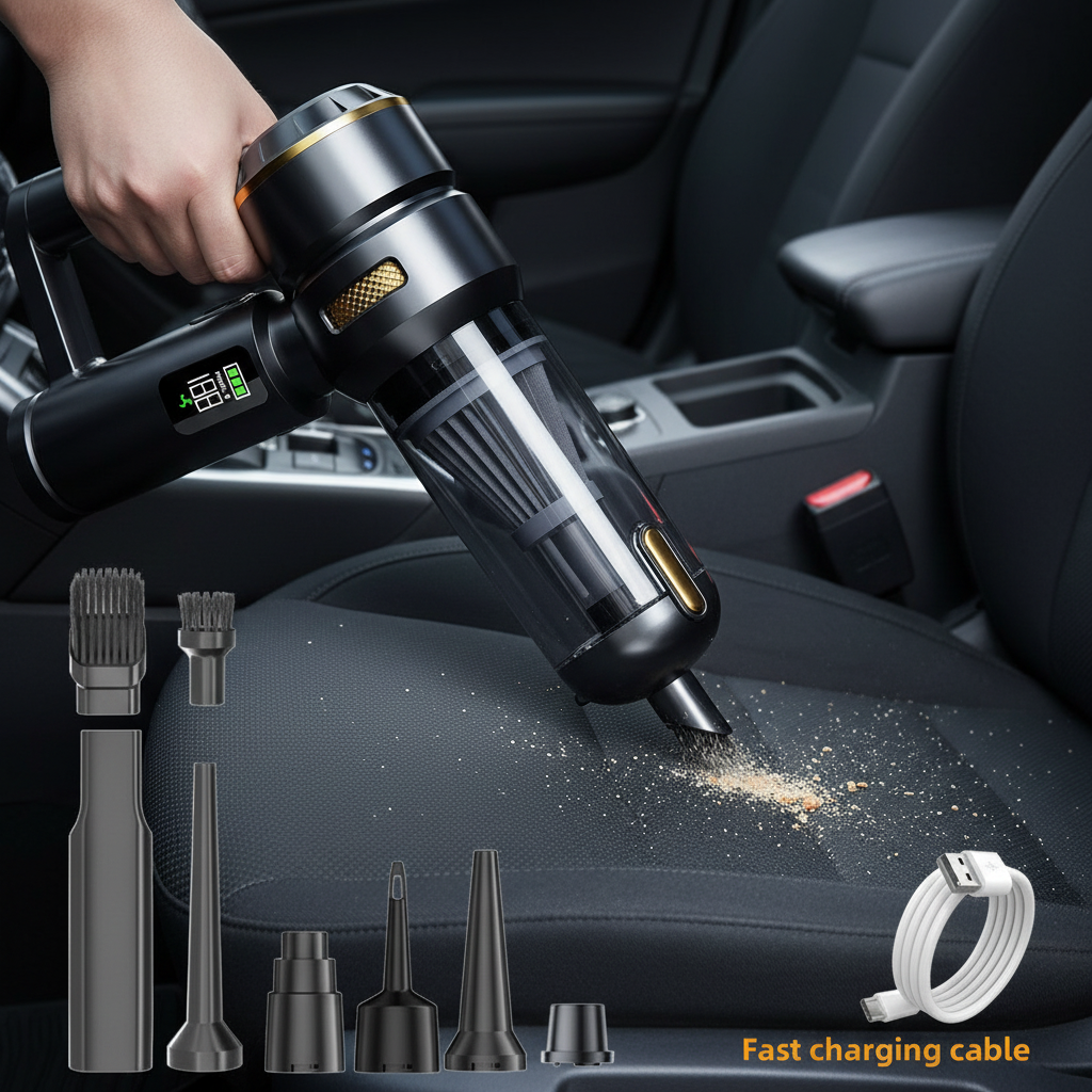 VacVaproom cordless car vacuum cleaning a car seat